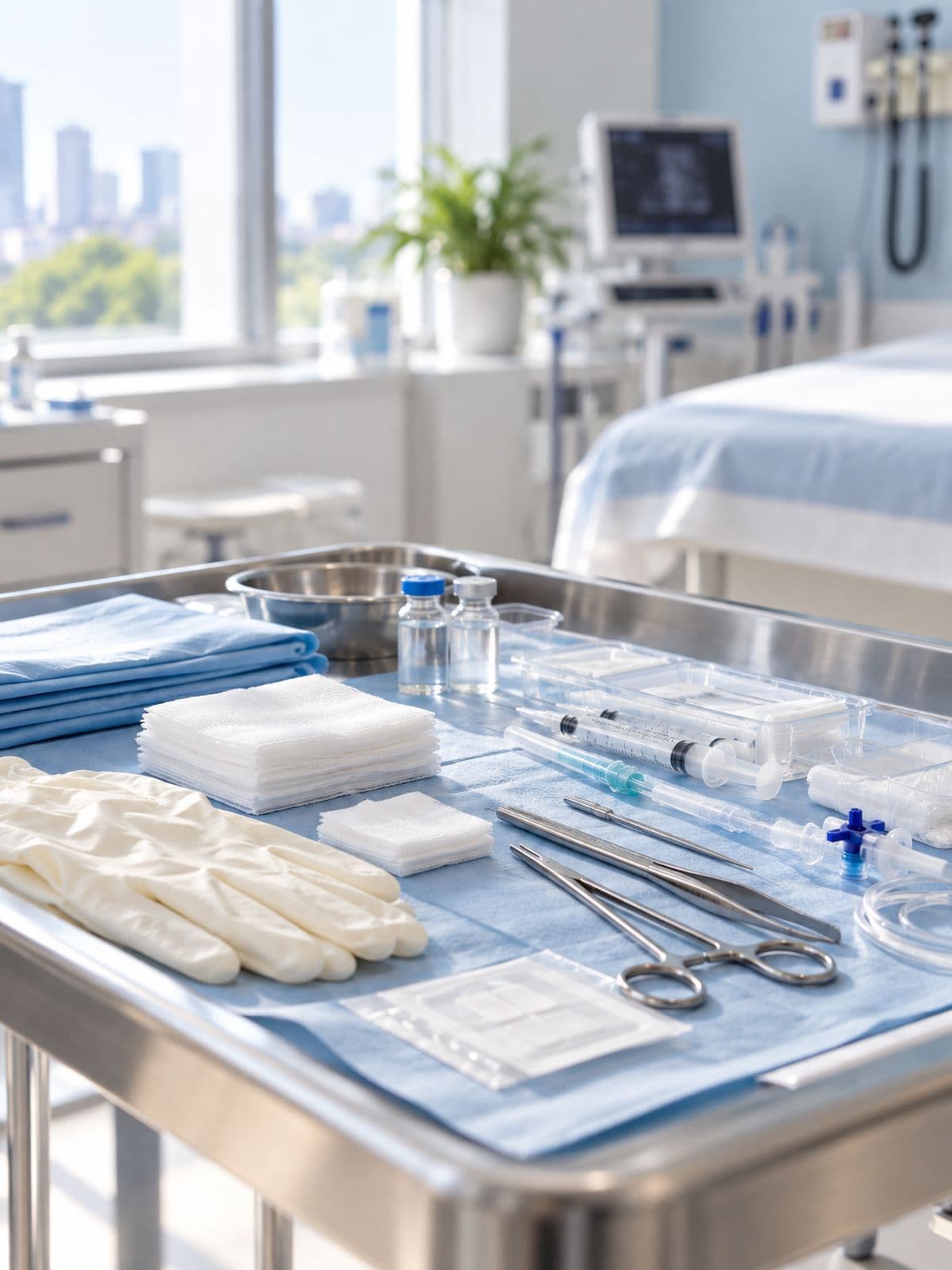 Bandeja con guantes, gasas e instrumental estéril en una sala de procedimientos